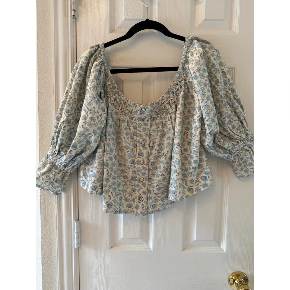 Free People James Smock Off Shoulder Floral Crop Top Blue Cottagecore Size S